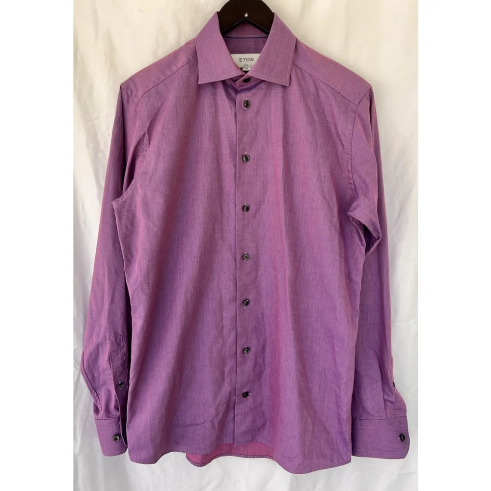 Eton Mens Purple Slim Fit Dress Shirt Size 39 15.5 M Check Pattern Luxury Career